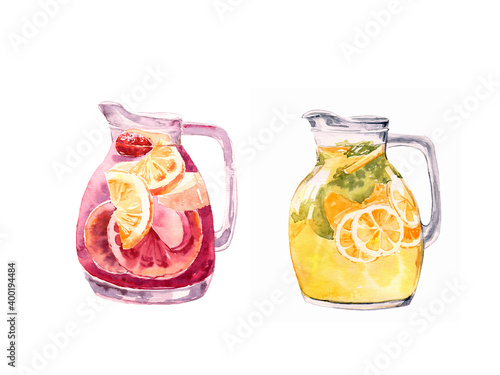 Obraz na plátně Watercolor illustration set of citrus fruits homemade lemonades in a glass jar