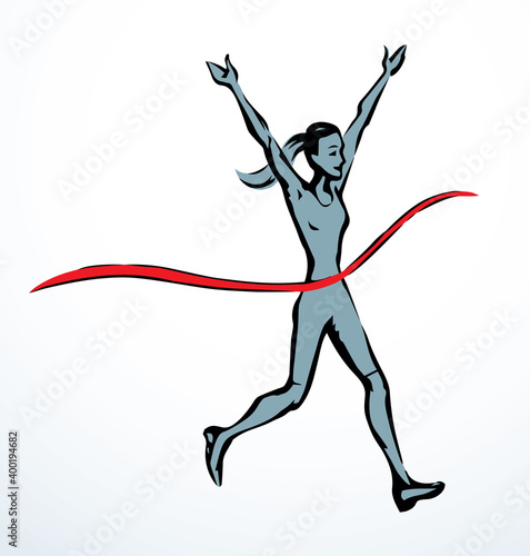 Runner rips the finish line. Vector drawing