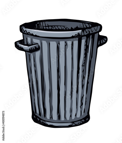Iron trash can isolated on white. Black ink hand drawn sign