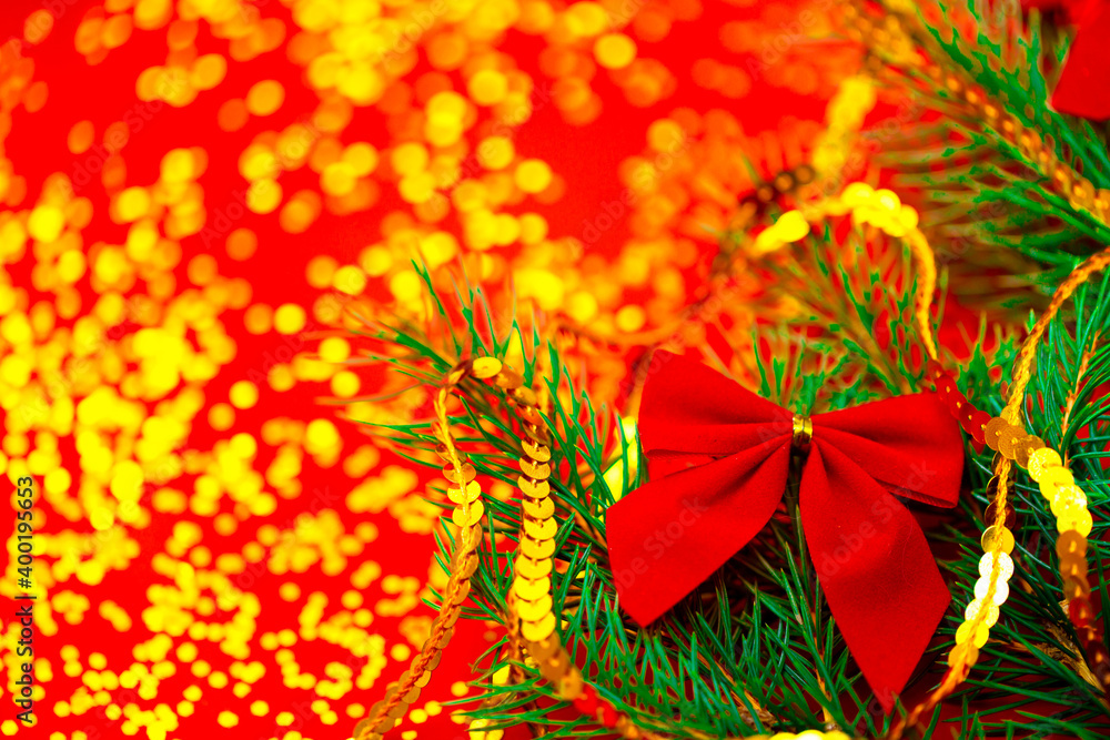 New Years background flat lay with place for text. Christmas greeting red background with snowflakes and fir tree. Holiday gifts and Christmas sales. New Years background flat lay with place for text. Christmas greeting red background with snowflakes and fir tree. Holiday gifts and Christmas sales.