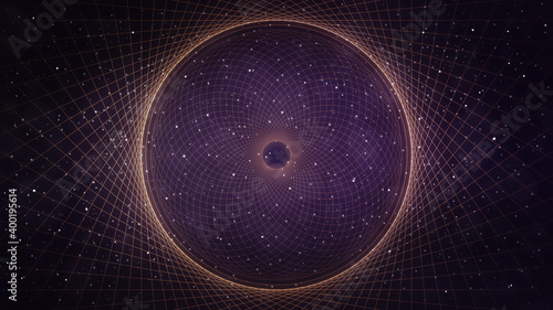Gold and purple vortex abstract circles line art in space - background