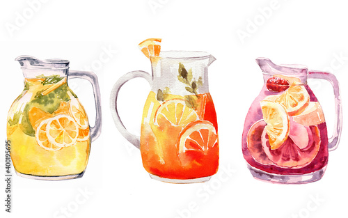 Watercolor illustration set of citrus fruits homemade lemonades in a glass jar