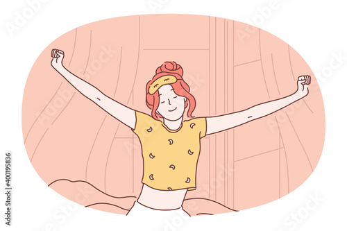 Morning waking up concept. Young smiling happy girl cartoon character sitting with stretched arms on bed and trying to awake herself after dog sleep at night. Healthy sleep and lifestyle illustration 