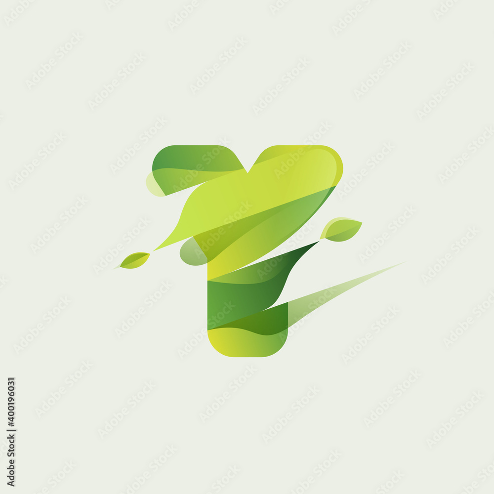 Y letter eco logo with green diagonal stripes, leaves and waves. Y letter eco logo with green diagonal stripes, leaves and waves.