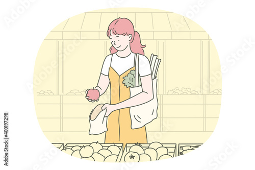 Healthy food, clean eating, vegetarian diet concept. Young positive woman cartoon character choosing fresh vegetables in fruits in grocery store. Wellness, bodycare, healthy lifestyle illustration