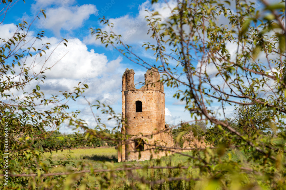 Beautiful detail through the vegetation of the brick tower and the ruins of the Circus of Maxentius, Via Appia, with nature blue sky, clouds. Rome Italy.
