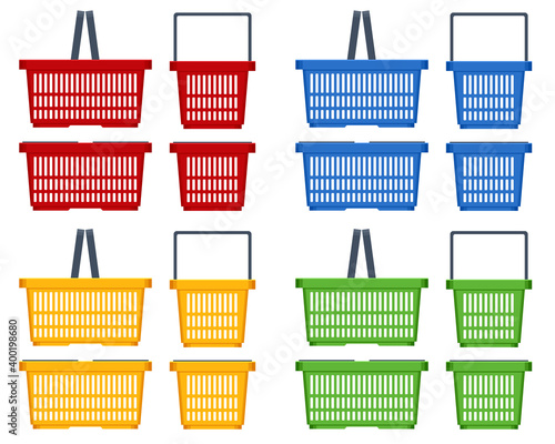 Set of plastic shopping baskets on white background. Red, yellow, blue, green plastic shopping baskets Side view