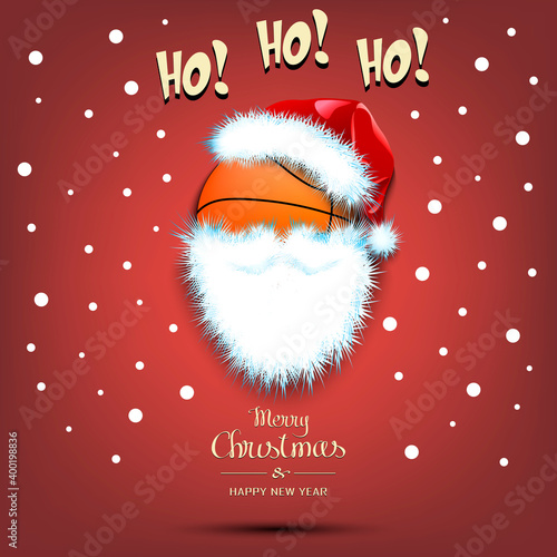 Merry Christmas and Happy New Year. Santa in the form of a basketball ball. Basketball ball with beard and santa hat. Greeting card design template with for new year. Vector illustration