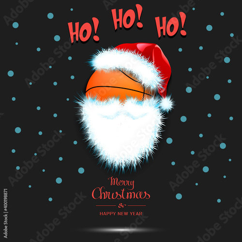 Merry Christmas and Happy New Year. Santa in the form of a basketball ball. Basketball ball with beard and santa hat. Greeting card design template with for new year. Vector illustration