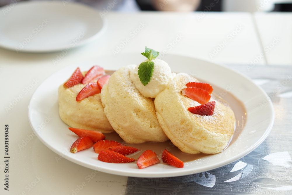 japanese, fluffy, pancake, dessert, creamy, day light, white, strawberry, breakfast, delicious, fruit, intrend, contemporary, style, mint, topping, green, leaf, brown, nut, cocoa, chocolate, hotcake, 