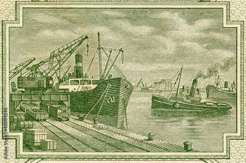 Port w Gdyni na banknocie 50 złotych z datą 01 lipca 1948 