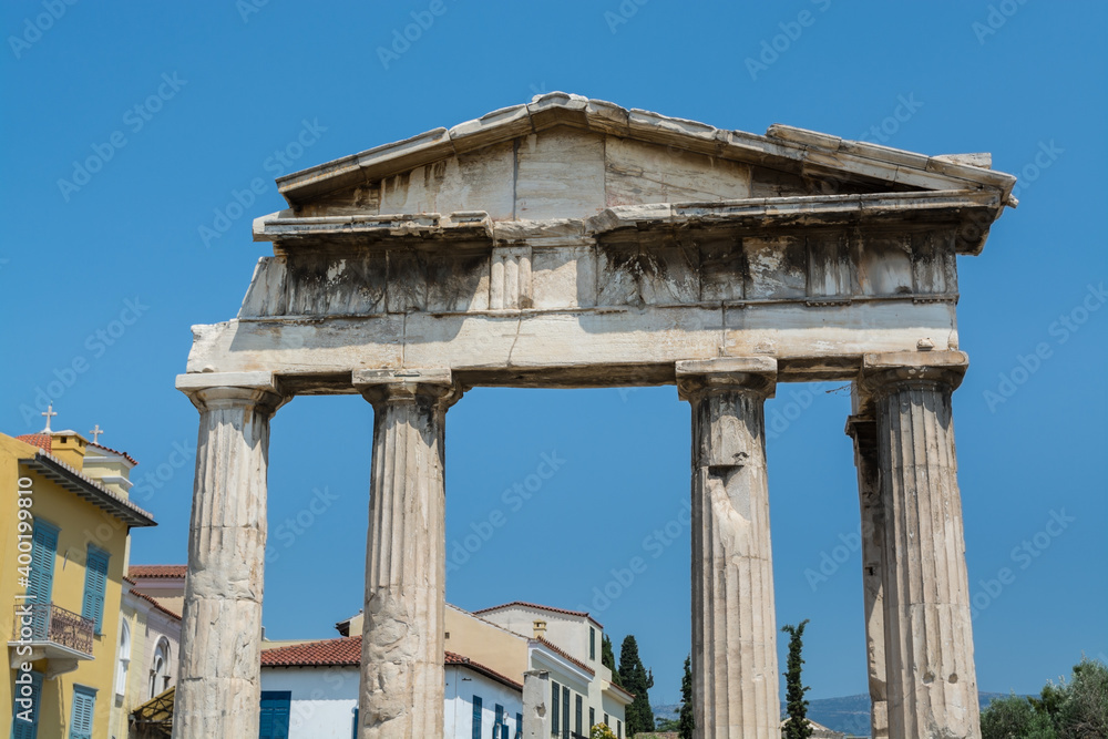 Gate of Athena Archegetis. Remains of Roman Agora in the old town of Athens, Greece.