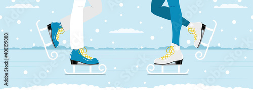 Man and woman ice skating together. Winter active outdoor leisure ice skates. vector illustration.