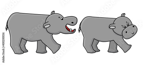 Cute cartoon hand drawn male Hippo is trying to bite female hippo