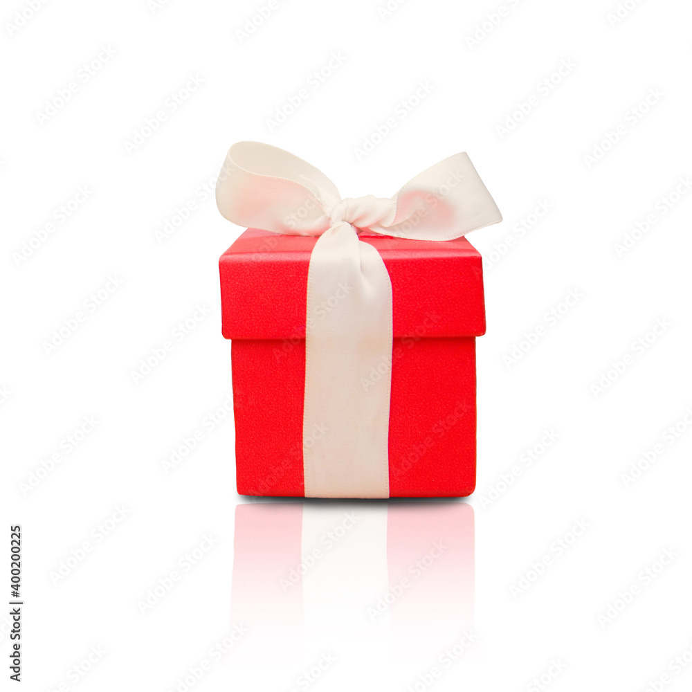 Obraz premium Red gift box with white ribbon isolated on white background. Copyspace