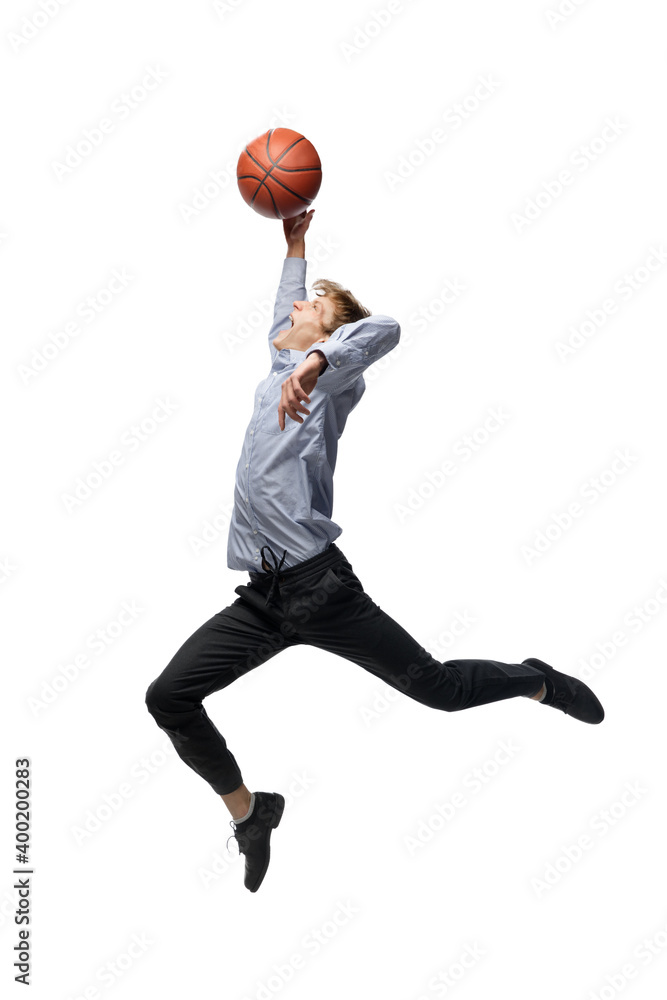 Sport. Happy young man dancing in casual clothes or suit, remaking legendary moves and dances of celebrity from culture history. Isolated on white. Action, motion, fame concept. Creative occupation.