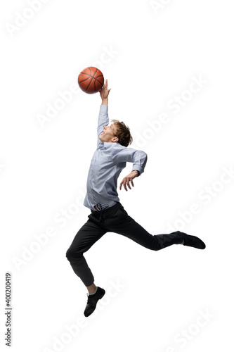 Sport. Happy young man dancing in casual clothes or suit, remaking legendary moves and dances of celebrity from culture history. Isolated on white. Action, motion, fame concept. Creative occupation.