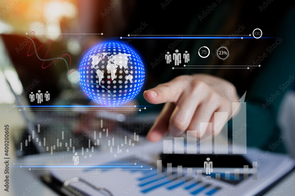 Double exposure of Business people working with investment consultant Analyzing and financial report balance statement working with digital augmented reality graphics. Double exposure of Business people working with investment consultant Analyzing and financial report balance statement working with digital augmented reality graphics.