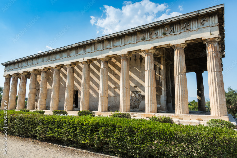 Temple of Hephaestus (Hephaestion), a well-preserved Greek temple; it remains standing largely as built. It is a Doric peripteral temple, located at the north-west side of the Agora of Athens