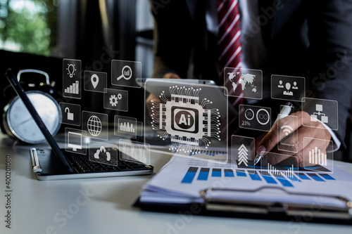 Business hands working on tablet or laptop computer with graphs analysis candle line in office room, diagrams on interface icons screen, Business digital market concept.