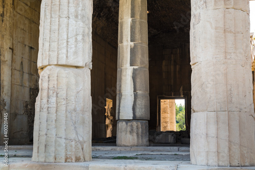 Poles of Temple of Hephaestus (Hephaestion), a well-preserved Greek temple; it remains standing largely as built. It is a Doric peripteral temple, located at the north-west side of the Agora of Athens
