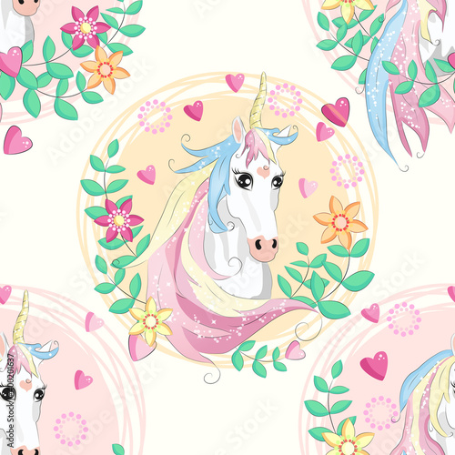 Seamless pattern with unicorns, donuts rainbow, confetti and other elements