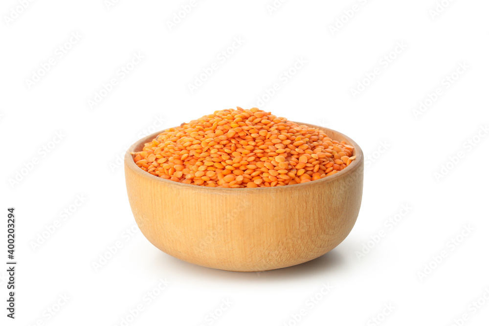 Wooden bowl with red legumes isolated on white background Wooden bowl with red legumes isolated on white background