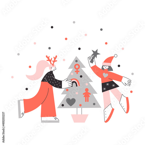 Two women around Christmas tree with lesbian symbols, lgbt queer New Year vector flat illustration. Lgbtqi rights concept.