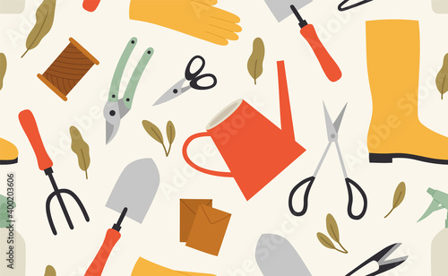 Seamless pattern of gardening tools isolated on a beige background. Watering can, trowel, seedling, rake, pruner, glove, seeds, rubber boot, threads, scissors, atomizer. Concept of healthy eating.