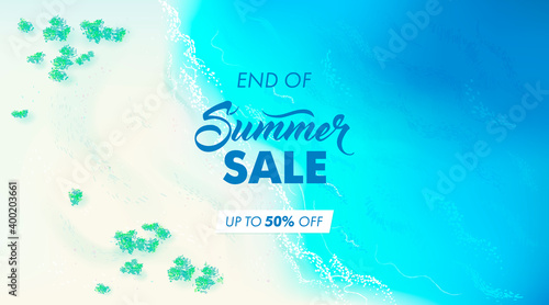 Vector beautiful realistic top view illustration of sandy summer beach. Summer sale banner