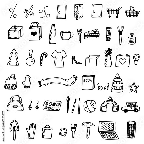 Web icons shopping, vector illustration, doodles, baskets and various products