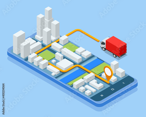 Isometric Logistics and Delivery concept. Delivery home and office. Logistic cargo mobile courier or freight delivery service transportation