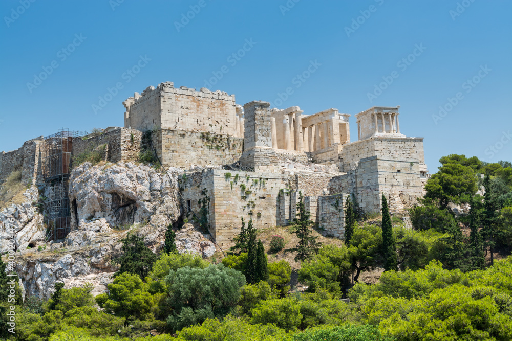 Ruins of Acropolis with  Parthenon, Erechtheum, Beule Gate and Temple of Athena in the city center from the view of Areopagus Hill