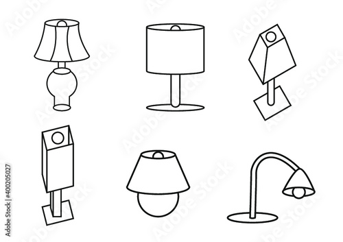 Table lamps. Vector illustration. Line art. Set of table lamps
