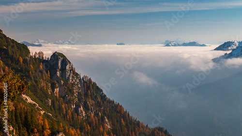 Trekking day in a snowy autumn in the Dolomiti Friulane, Friuli-Venezia Giulia photo