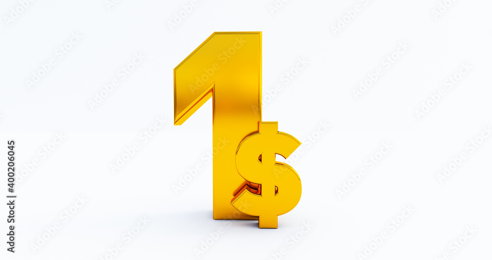 3D of one dollar isolated on white background, usa dollar $, golden one dollar ( 1 ). 3D of one dollar isolated on white background, usa dollar $, golden one dollar ( 1 ).