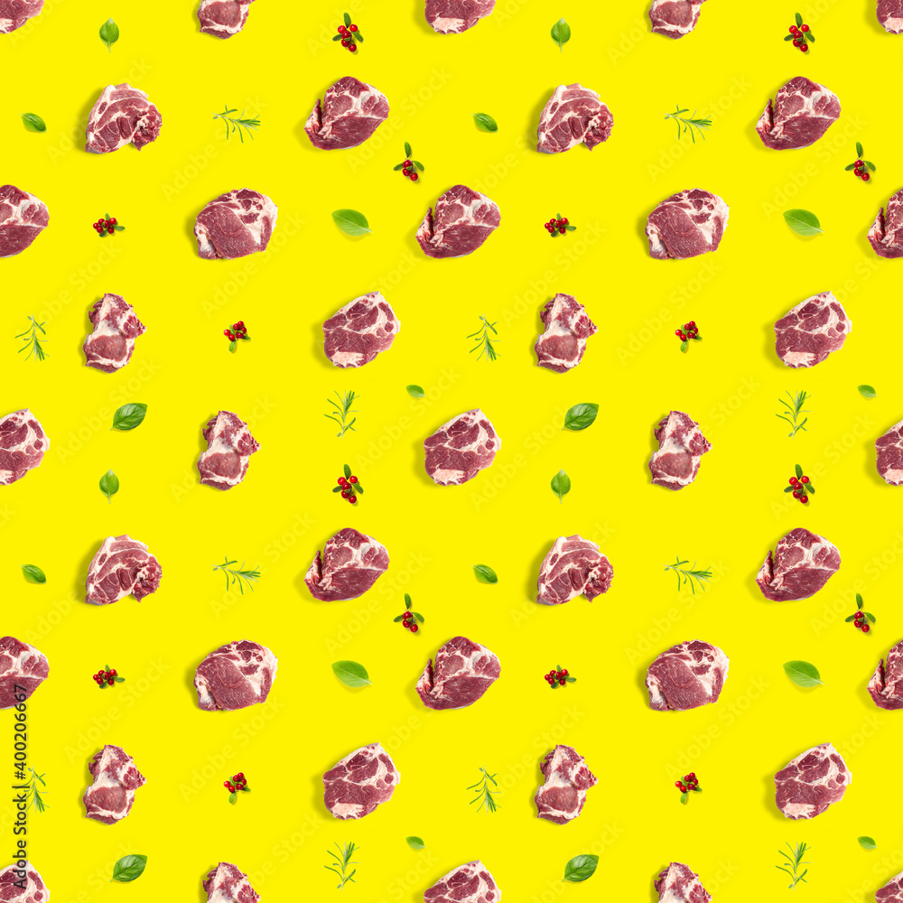 Seamless Pattern with raw pork meat slices on yellow background, food pattern Seamless Pattern with raw pork meat slices on yellow background, food pattern
