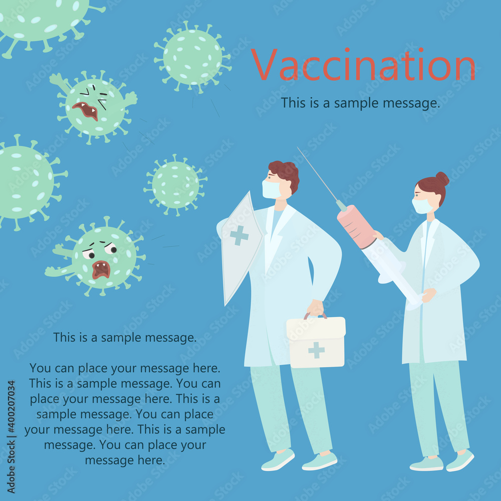 Two doctors with shield and syringe are fighting the coronavirus. Vaccination infographics. Coronavirus scared of the vaccine. Vector flat illustration. Two doctors with shield and syringe are fighting the coronavirus. Vaccination infographics. Coronavirus scared of the vaccine. Vector flat illustration.