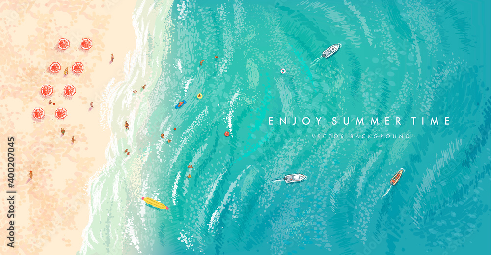 Vector beautiful realistic top view illustration of sandy summer beach - obrazy, fototapety, plakaty 