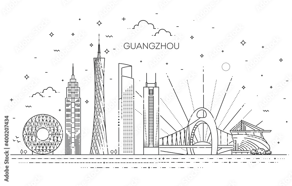 Guangzhou skyline,  illustration in linear style