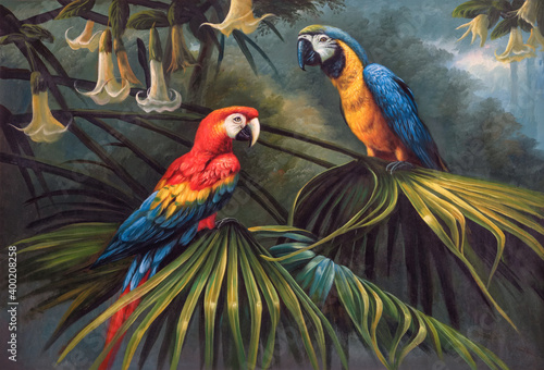Two large bright parrots sitting on a branch in the jungle. Oil painting