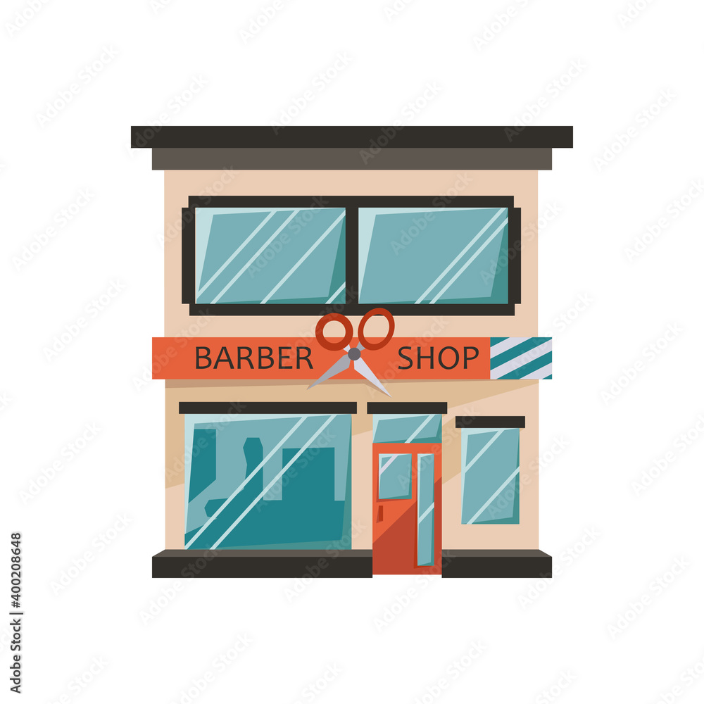 Barber shop. Facade store building in flat style. Urban small shop isolated on white background. Vector illustration Barber shop. Facade store building in flat style. Urban small shop isolated on white background. Vector illustration