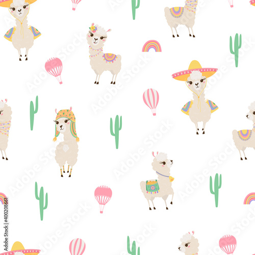 Seamless pattern with cute llamas, air balloon and cacti. Background with funny Alpaca babies for textiles, children's clothing, Wallpaper. Vector illustration