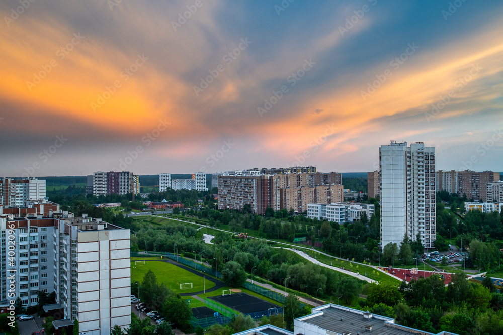 The City at sunset, beautiful yellow clouds, Moscow, Russia