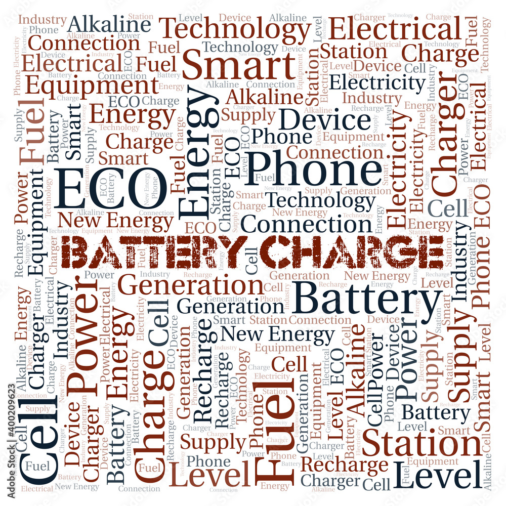 Battery Charge typography word cloud create with the text only. Battery Charge typography word cloud create with the text only.