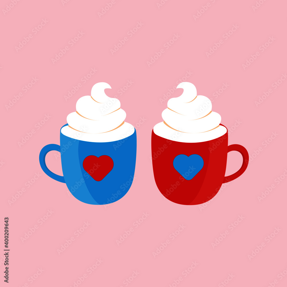 Valentine hot chocolate with cream. Two cups for her and for him. Valentine hot chocolate with cream. Two cups for her and for him.