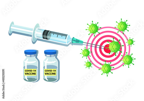 Syringe injecting Covid-19 virus with vaccine vector illustration.