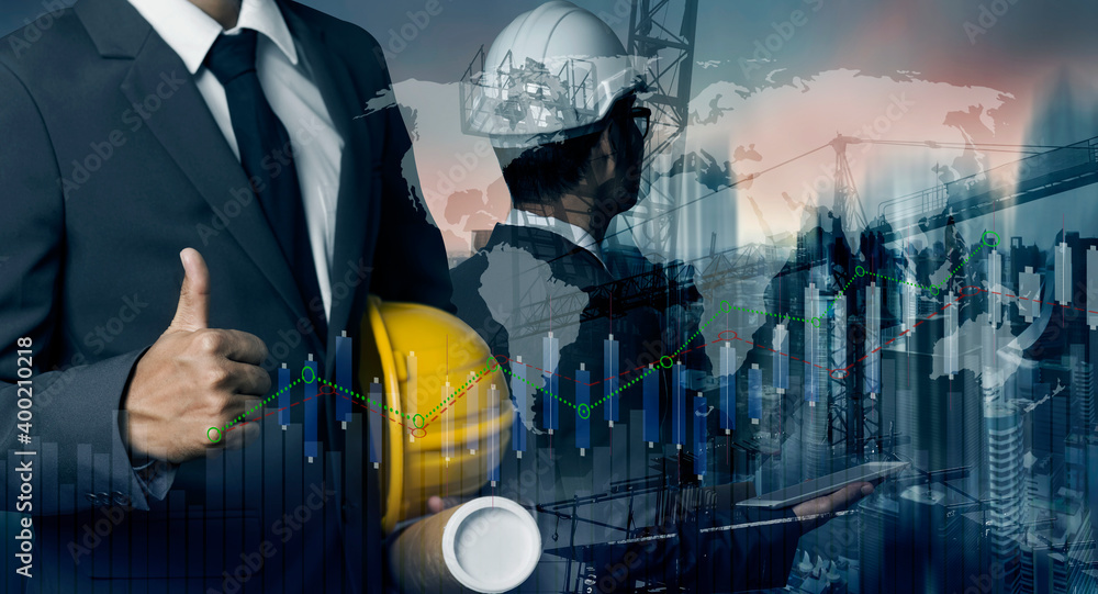 Naklejka premium Double exposure engineering using digital technology interfaces icon with construction cranes no city background.