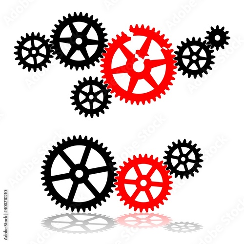 Silhouette gears on a white background. Broken cogwheel mechanism. Vector illustration.