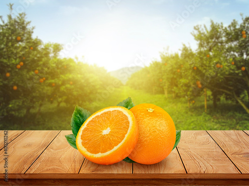 Bild auf Leinwand Fresh orange juice with fruits on wooden table and orange plantation with fruits